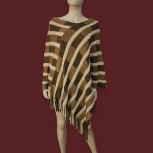 NORTHERN ANGEL Fuzzy Knit Fringe Striped Sweater Poncho